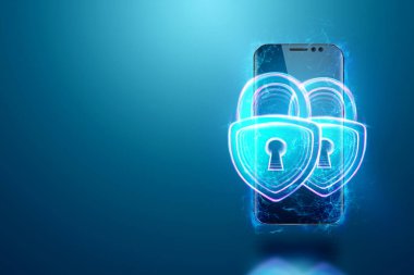 Akıllı telefonun arka planında iki kilit resmi var. Cep telefonu kullanırken bilgi korunması. Çifte kimlik doğrulaması, gizlilik koruması. Kişisel veri koruma yasası. 3B illüstrasyon, 3B canlandırma