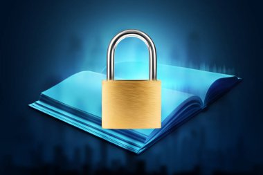 Padlock on the background of an open book. The concept of state secrets, classified information, politics clipart