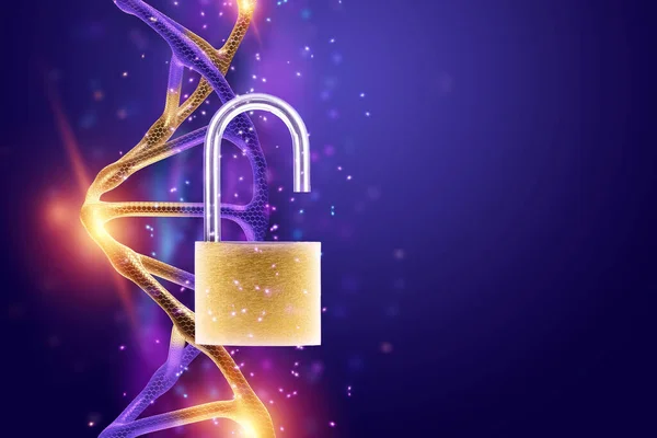 Barn padlock open on dna background. Concept scientists have decoded the genome, a scientific discovery