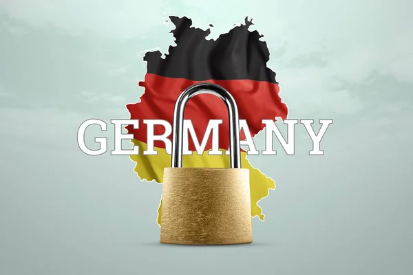 Golden padlock on the background of the map of Germany and the national flag of Germany. Isolation concept, border closure, epidemic. 3D illustration, 3D render