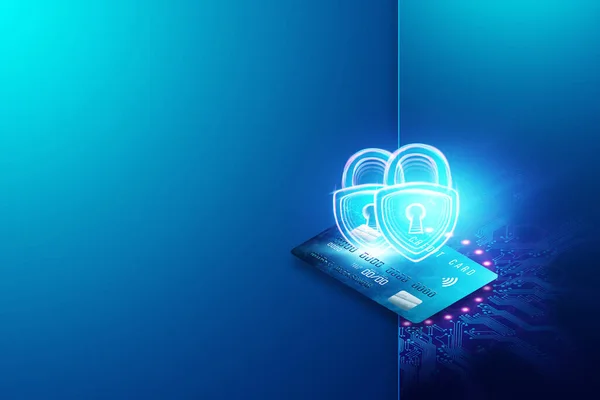 Kredi kartı geçmişinde iki asma kilit. Para koruması konsepti, çifte kimlik denetimi tasarruf tasarrufu, banka mevduatı, teknoloji. 3B illüstrasyon, 3B canlandırma.