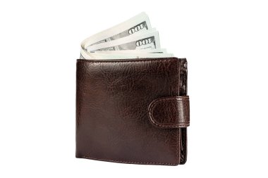 Beyaz arka planda izole edilmiş dolar dolu kahverengi cüzdan.