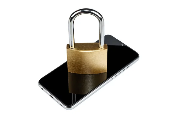 Golden Padlock Lies Smartphone Isolated White Background Concept Data Protection — Stock Photo, Image