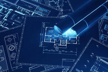 Masaya mavi-beyaz çizimler. İnşaat, mimari, tasarım, iş konsepti.