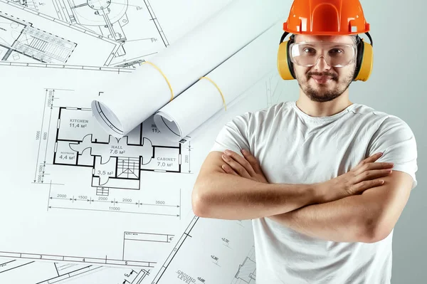 Constructor Masculino Casco Fondo Los Dibujos Construcción Concepto Construcción Arquitectura —  Fotos de Stock