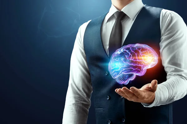 Empresario Tiene Holograma Cerebral Palma Mano Concepto Mente Conciencia Servicios — Foto de Stock