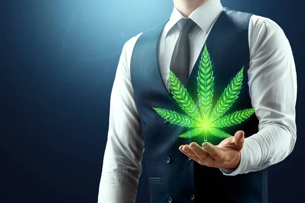 Businessman Has Green Hologram Marijuana His Palm Light Drug Legalization — Stock Photo, Image
