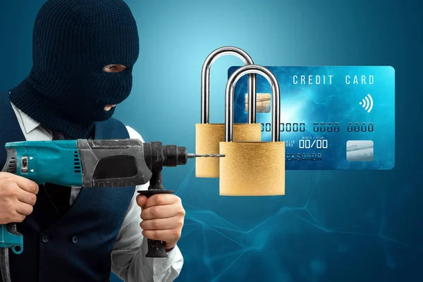 Masked Man Hacker Trying Hack Credit Card Concept Data Protection — Stock Photo, Image