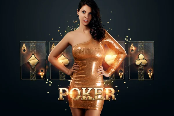 Hermosa Chica Joven Vestido Oro Sobre Fondo Oscuro Casino Reinicio — Foto de Stock