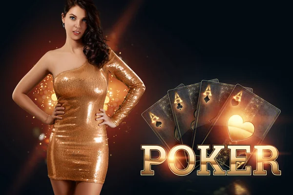 Beautiful young girl in a gold dress on a dark background, casino reboot, playing cards, luxury design. Banner concept for casino, poker, gambling, croupier, header for the site