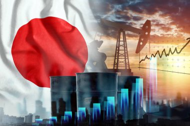 Japon bayrağı, petrol pompası teçhizatı ve grafikli variller. Petrol üretimi konsepti, madencilik düzenlemeleri, yeni mevduat keşifleri. Karışık Medivse, Çift Maruz