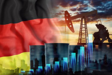 Alman bayrağı, petrol pompası teçhizatı ve grafikli variller. Petrol üretimi konsepti, madencilik düzenlemeleri, yeni mevduat keşifleri. Karışık Medivse, Çift Maruz