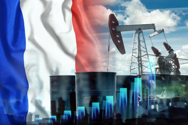 Fransız bayrağı, petrol pompası teçhizatı ve grafikli variller. Petrol üretimi konsepti, madencilik düzenlemeleri, yeni mevduat keşifleri. Karışık Medivse, Çift Maruz