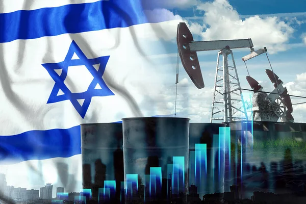 グラフとイスラエルの旗 オイルポンプリグとバレルの画像 石油生産の概念 採掘の規制 新しい鉱床の発見 混合メドウズ二重露光 — ストック写真