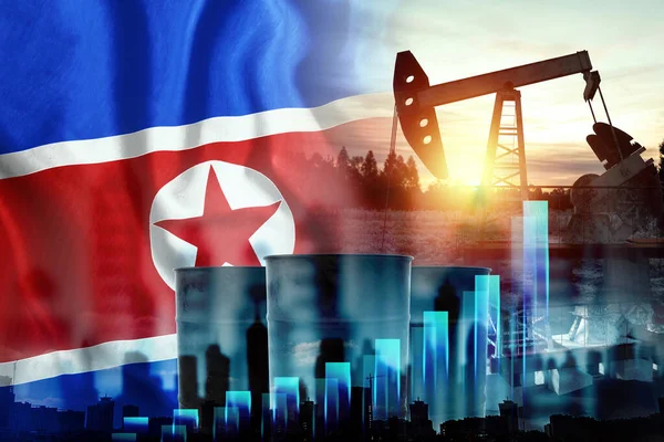 Image of the flag of North Korea, oil pump rig and barrels with graphs. The concept of oil production, regulation of mining, the discovery of new deposits. Mixed Medivse, Double Exposure