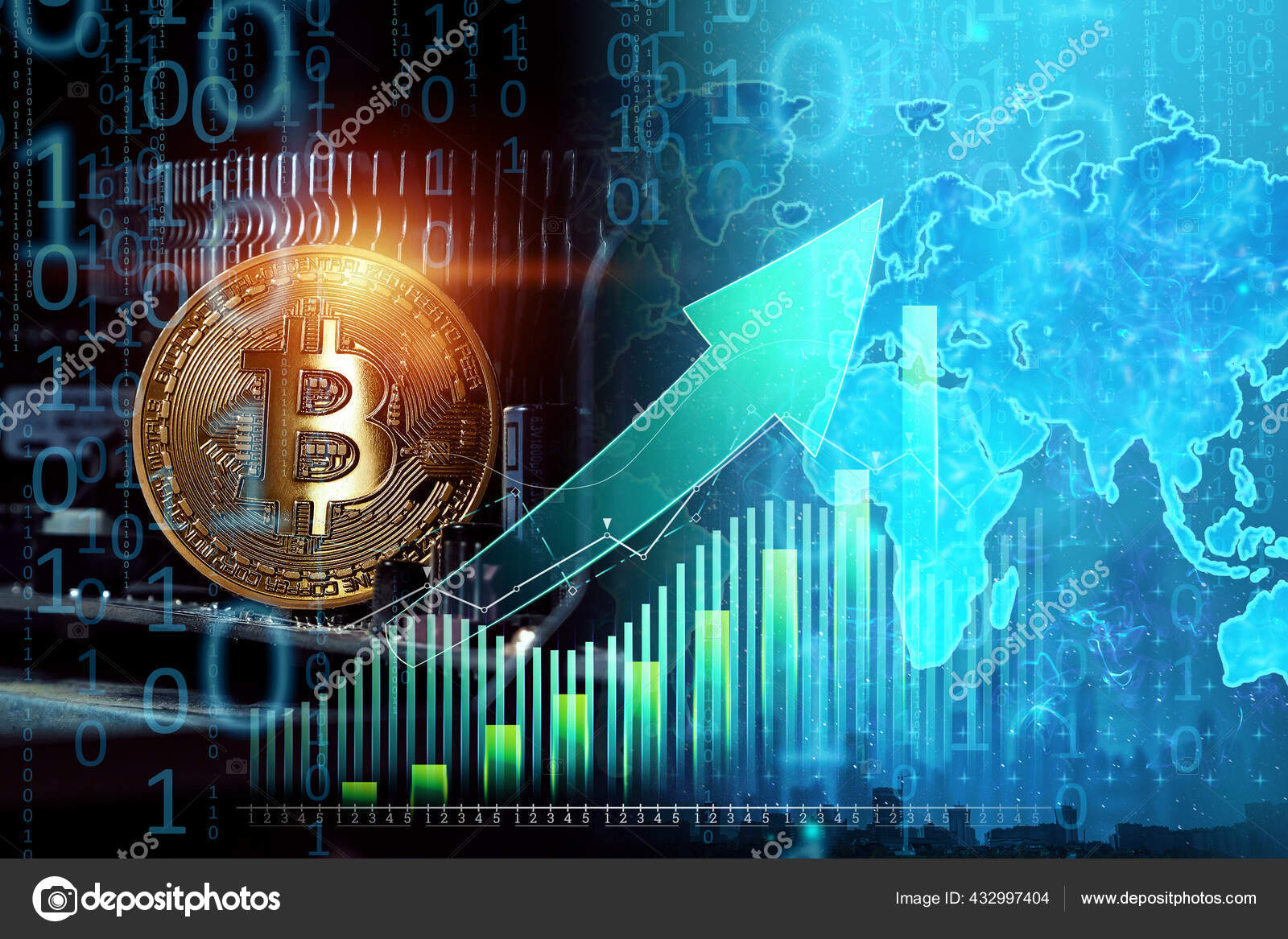 비트코인과 블록체인 개념은 비트코인 가격의 상승과 하락입니다 암호화 전자화폐 비트코인의 — 스톡 에디토리얼 사진 ©  MarkoAliaksandr #432997404