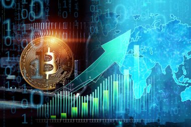 Bitcoin ve engelleme zinciri konsepti, bitcoin fiyatının yükselmesi ve düşmesi. Kripto para birimi konsepti, elektronik para. Fiyat tablosu ve para dünyası haritası olan bitcoin