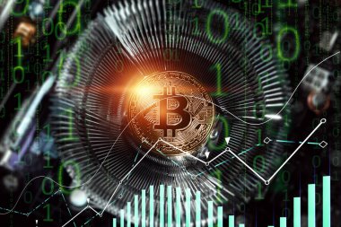 Bitcoin ve engelleme zinciri konsepti, bitcoin fiyatının yükselmesi ve düşmesi. Şifreli para, elektronik para. Fiyat tablosu olan bitcoin. Karışık ortam