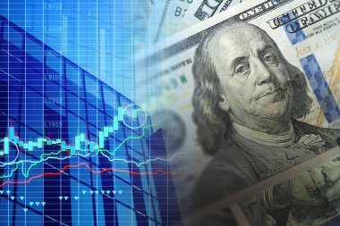 Finansal tablonun arka planında Amerikan doları var. Konsept Ekonomi, iş yatırımları, ekonomik kriz, kardaki düşüş, durgunluk. karışık ortam