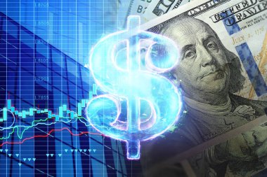 Finansal tablonun arka planında Amerikan doları hologramı var. Ekonomi konsepti, iş yatırımları, ekonomik kriz, kardaki düşüş, durgunluk. karışık ortam