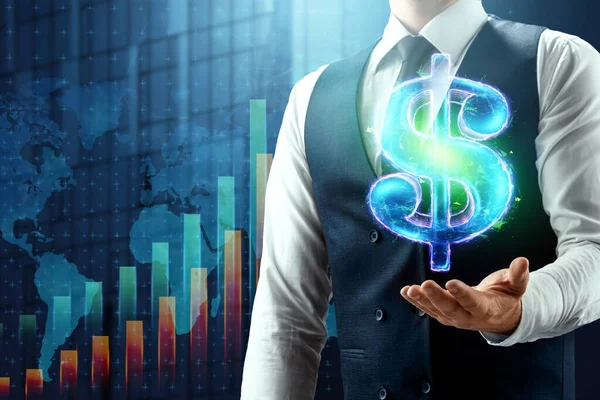 Dollar Hologramm Und Geschäftsmann Auf Finanzdiagramm Hintergrund Wirtschaftskonzept Unternehmensinvestitionen Wirtschaftskrise — Stockfoto