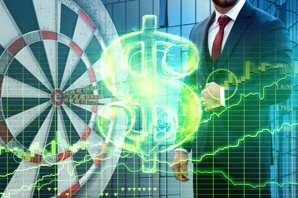 Dollar Hologramm Und Geschäftsmann Auf Finanzdiagramm Hintergrund Wirtschaftskonzept Unternehmensinvestitionen Wirtschaftskrise — Stockfoto