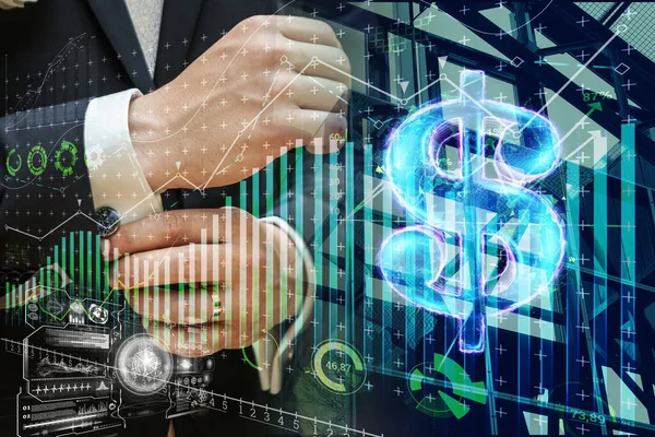 Dollar Hologramm Und Geschäftsmann Auf Finanzdiagramm Hintergrund Wirtschaftskonzept Unternehmensinvestitionen Wirtschaftskrise — Stockfoto