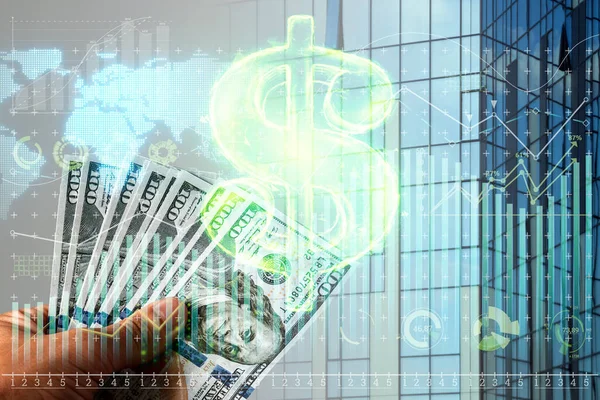 Uns Dollar Hologramm Auf Dem Hintergrund Des Finanzdiagramms Wirtschaftskonzept Unternehmensinvestitionen — Stockfoto