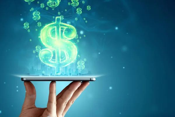 Holograma Dólar Smartphone Fundo Azul Conceito Globalização Investimento Negócios Futuro — Fotografia de Stock