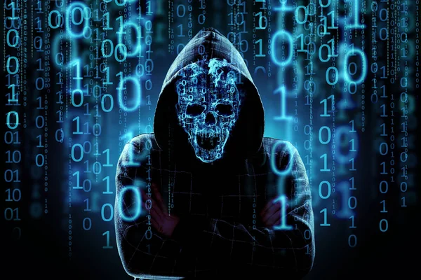 Concept Hacker Internet Criminals Cyber Attack Hologram Numbers Image Skull —  Fotos de Stock