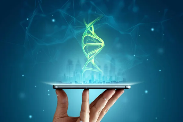 Holograma Dna Paira Sobre Smartphone Tecnologias Modernas Futuro Medicina Investigação — Fotografia de Stock