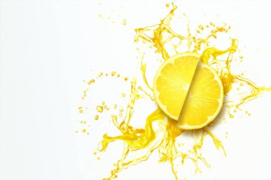 Limon dilimlenmiş limon ve biraz da sarı limon suyu. Meyve arka planı, yiyecek ve tazelik kavramı. 3B illüstrasyon, 3B canlandırma