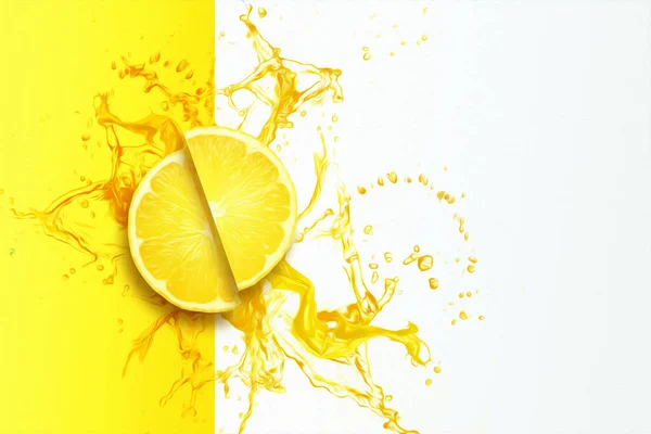 Sliced Lemon Splash Yellow Lemon Juice Top View Concept Fruit — Foto de Stock