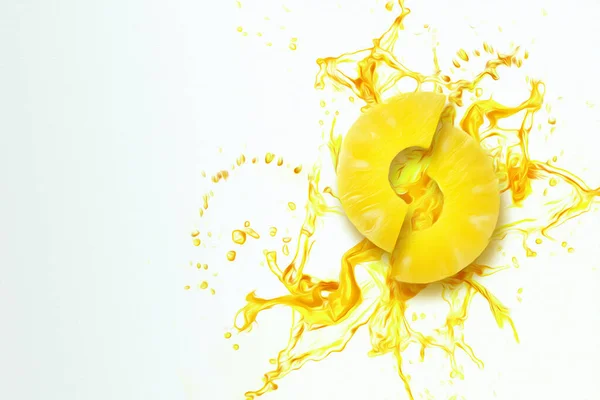黄色いジュースのトップビューのスプラッシュでパイナップルリング 果物の背景 食べ物 新鮮さ ポスターのための概念 3Dイラスト 3Dレンダリング — ストック写真