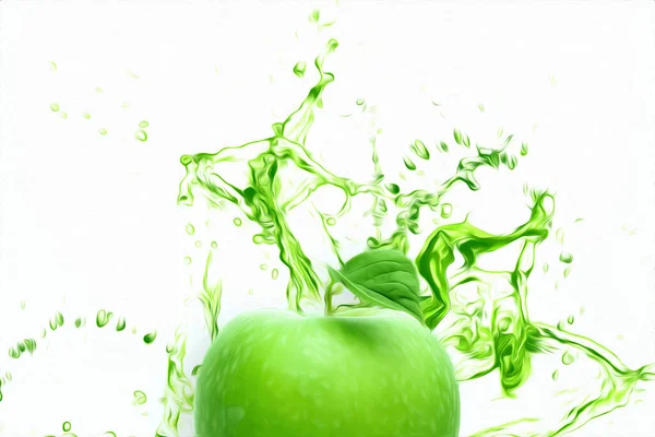 Нарезанный Зеленый Яблочный Фрукт Виде Всплеска Салатного Сока Вид Сверху — стоковое фото