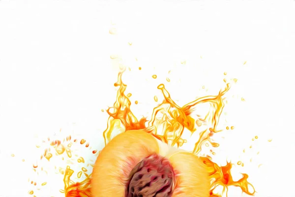 Cut Peach Fruit Splashes Orange Juice Top View Concept Fruit — Foto de Stock