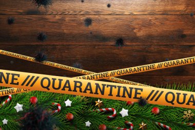 Kendini izole etme, evde tatil, üzerinde karantina ve uçan virüsler yazan sarı bir kurdelenin altında Noel arkaplanı. salgın, covid-19