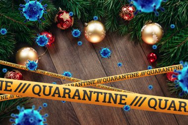 Kendini izole etme, evde tatil, üzerinde karantina ve uçan virüsler yazan sarı bir kurdelenin altında Noel arkaplanı. salgın, covid-19