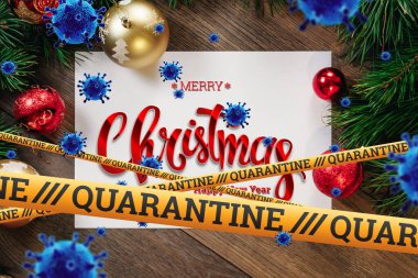 Kendini izole etme, evde tatil, üzerinde karantina ve uçan virüsler yazan sarı bir kurdelenin altında Noel arkaplanı. salgın, covid-19