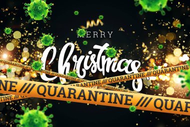 Kasetin altındaki Noel arkaplanında karantina ve uçan virüsler var. Evde tatil, kendini tecrit, salgın, covid-19. 3B illüstrasyon, 3B canlandırma