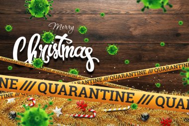 Noel kartı, tahtadan bir arka planda toplar, yıldızlar, şekerler ve kar taneleriyle süslenmiş gerçekçi bir Noel ağacının dalları. Koronavirüslü Noel, salgın, salgın. Mutlu Noeller ve mutlu yıllar. Düzleştir, kopyala, karıştır beni