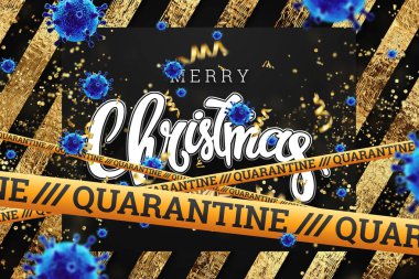 Kasetin altındaki Noel arkaplanında karantina ve uçan virüsler var. Evde tatil, kendini tecrit, salgın, covid-19. 3B illüstrasyon, 3B canlandırma