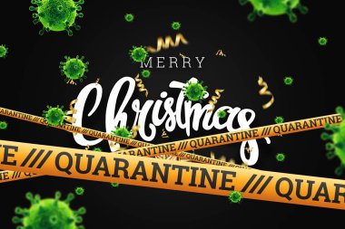 Kasetin altındaki Noel arkaplanında karantina ve uçan virüsler var. Evde tatil, kendini tecrit, salgın, covid-19. 3B illüstrasyon, 3B canlandırma