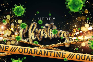 Kasetin altındaki Noel arkaplanında karantina ve uçan virüsler var. Evde tatil, kendini tecrit, salgın, covid-19. 3B illüstrasyon, 3B canlandırma