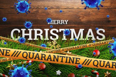 Kendini izole etme, evde tatil, üzerinde karantina ve uçan virüsler yazan sarı bir kurdelenin altında Noel arkaplanı. salgın, covid-19