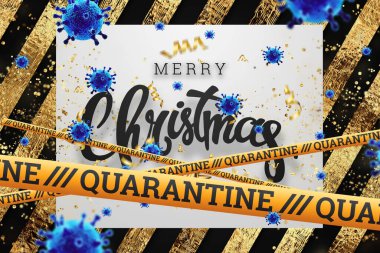 Kasetin altındaki Noel arkaplanında karantina ve uçan virüsler var. Evde tatil, kendini tecrit, salgın, covid-19. 3B illüstrasyon, 3B canlandırma