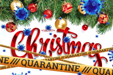 Kendini izole etme, evde tatil, üzerinde karantina ve uçan virüsler yazan sarı bir kurdelenin altında Noel arkaplanı. salgın, covid-19