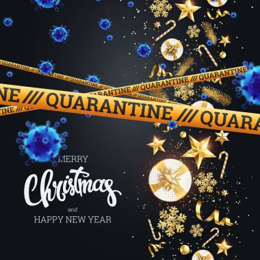 İçinde toplar, kar taneleri ve koronavirüsle süslenmiş altın kar taneleri olan bir Noel kartı. Koronavirüslü Noel, salgın hastalık. Mutlu Noeller ve mutlu yıllar. 3B illüstrasyon, 3B canlandırma