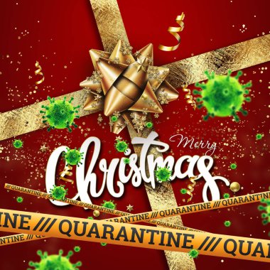 İçinde toplar, kar taneleri ve koronavirüsle süslenmiş altın kar taneleri olan bir Noel kartı. Koronavirüslü Noel, salgın hastalık. Mutlu Noeller ve mutlu yıllar. 3B illüstrasyon, 3B canlandırma