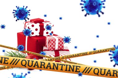 Kendini izole etme, evde tatil, üzerinde karantina ve uçan virüsler yazan sarı bir kurdelenin altında Noel arkaplanı. salgın, covid-19